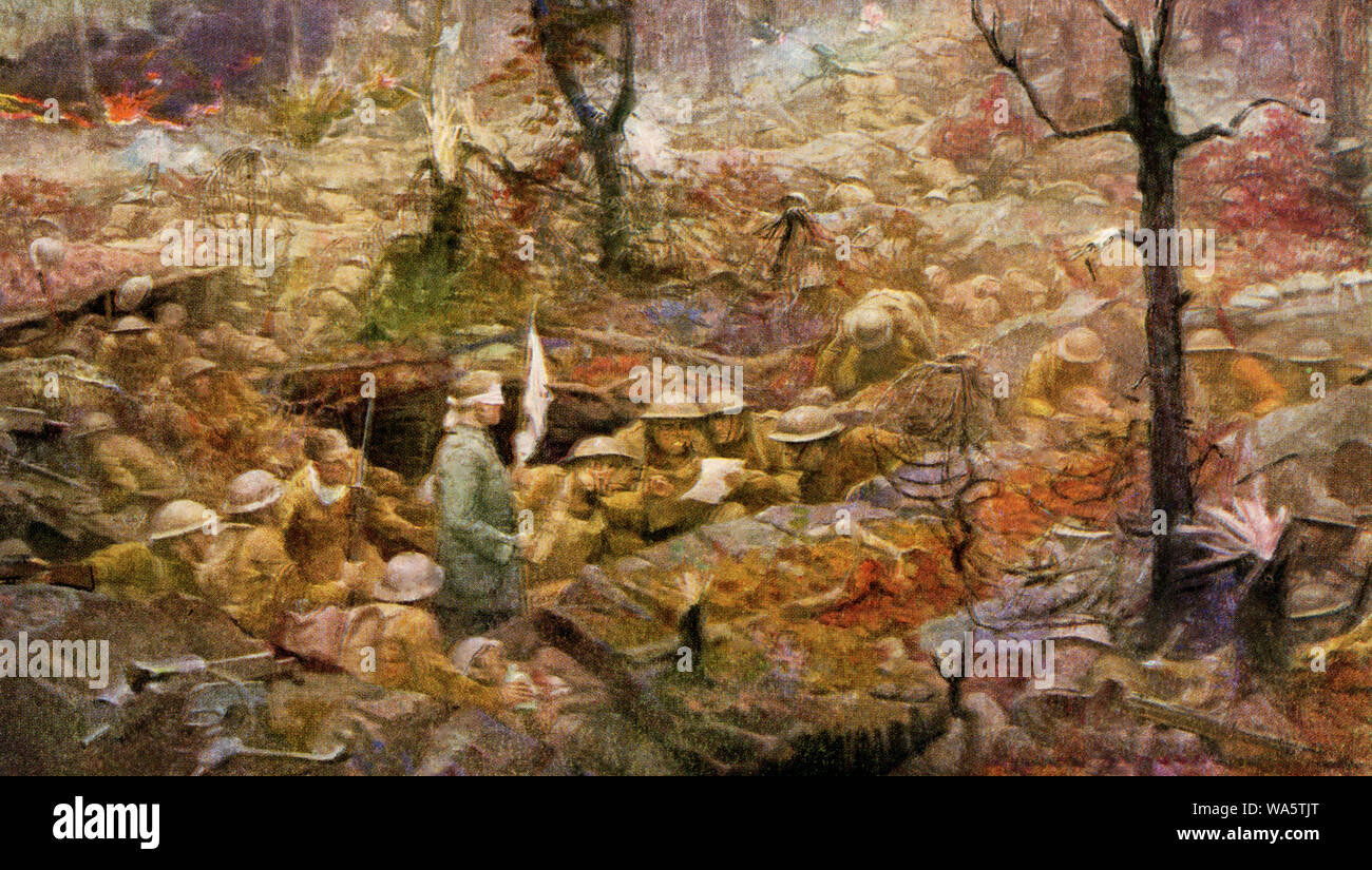 Diese Abbildung stammt aus 1919. Die Bildunterschrift lautet: Unsere berühmten "verlorene Bataillon" in Argonne Forest. Sieben hundert unserer Jungen wurden von Tausenden von Hunnen umgeben. Für sechsunddreißig Stunden hatten sie nichts zu essen hatten. Der Tod schien unvermeidlich. Die Botschaft des Feindes mit einem Angebot bei Ihnen in Antwort zu ersparen, wenn Sie aufgeben würde, Lieutenant-Colonel Charles Whittlesey brüllte seinen historischen berühmten "Geh zur Hölle!" - das war auf einmal "die Weigerung, Fluch und Prophetie". Stockfoto