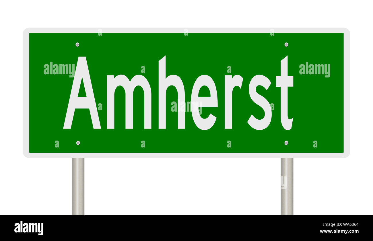 Rendering von einem grünen Hinweisschild für Amherst, Massachusetts Stockfoto