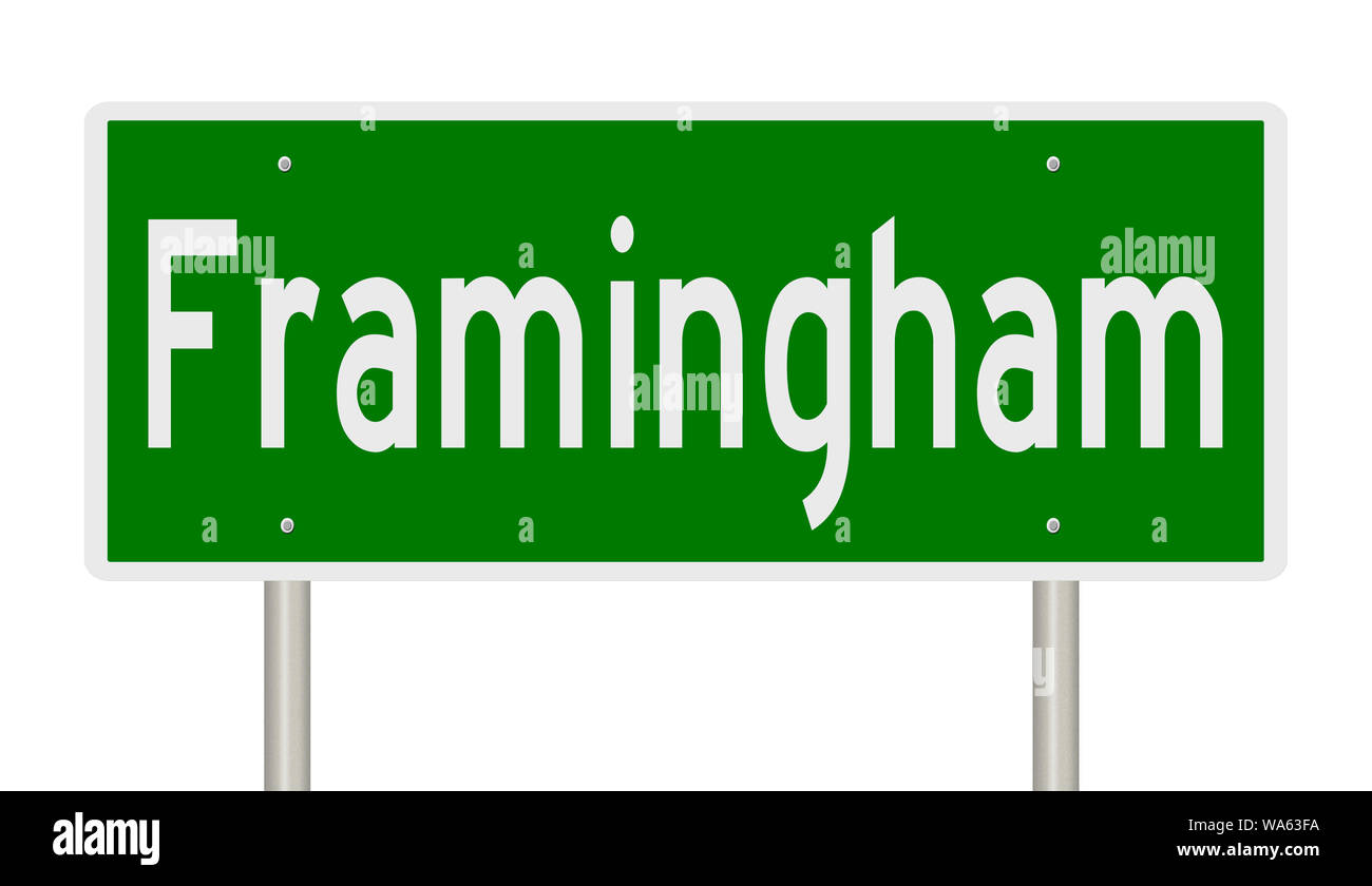 Rendering von einem grünen Hinweisschild für Framingham Massachusetts Stockfoto