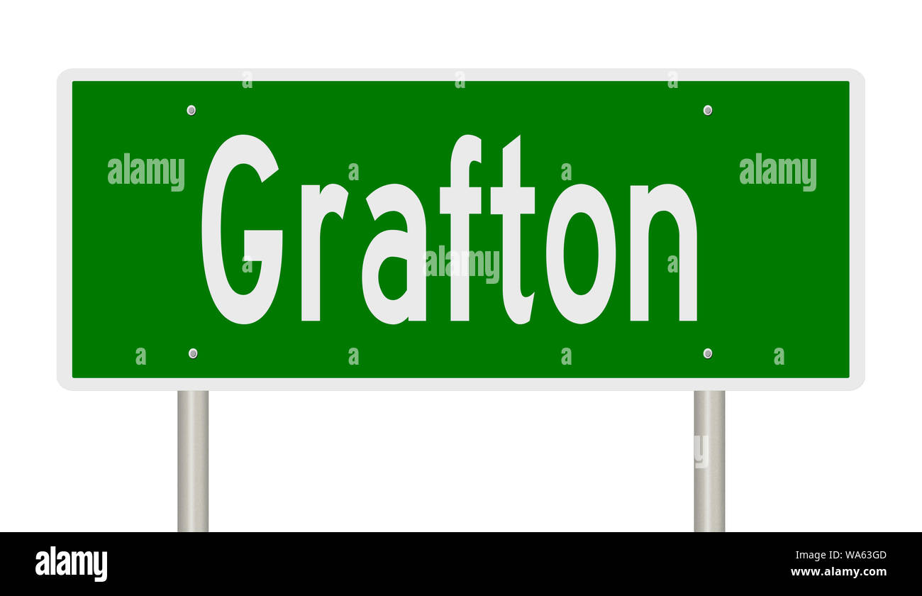 Rendering von einem grünen Hinweisschild für Grafton Massachusetts Stockfoto