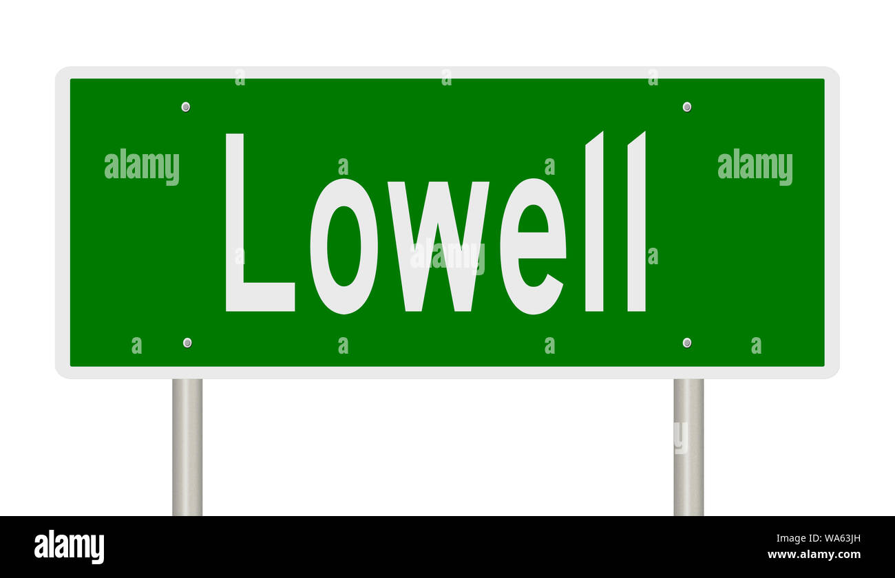 Rendering von einem grünen Hinweisschild für Lowell Stockfoto