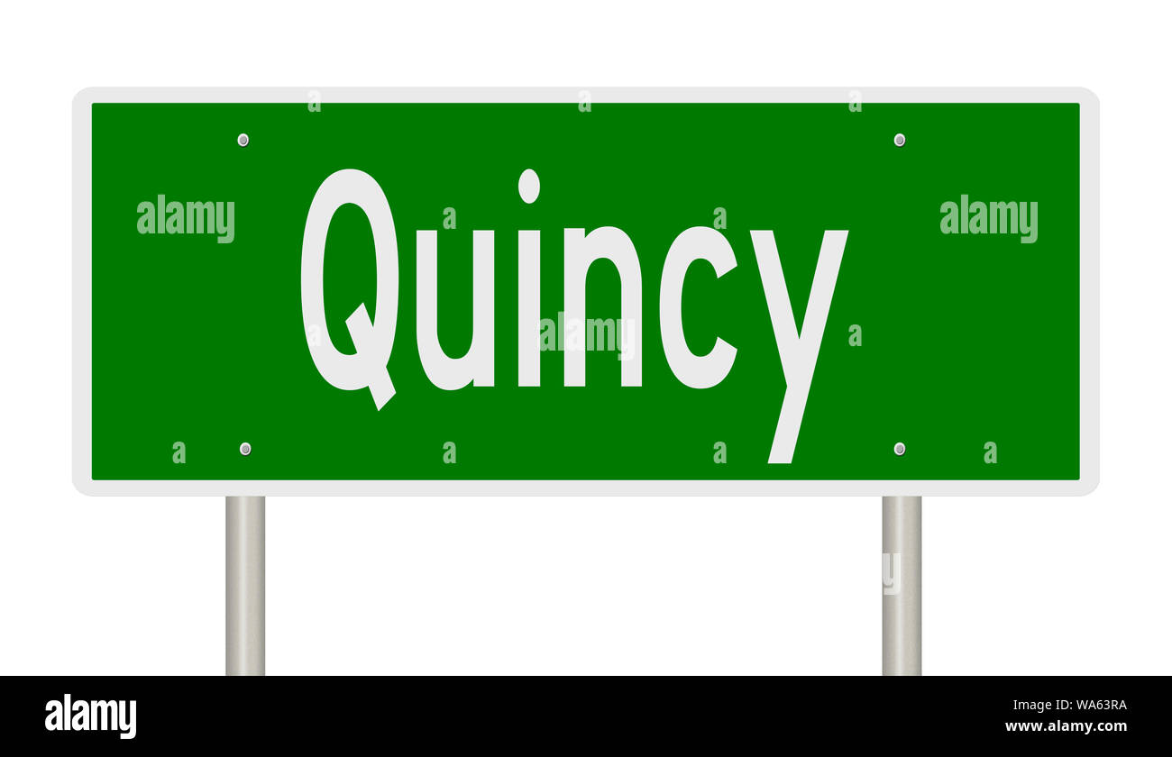 Rendering von einem grünen Hinweisschild für Quincy, Massachusetts Stockfoto