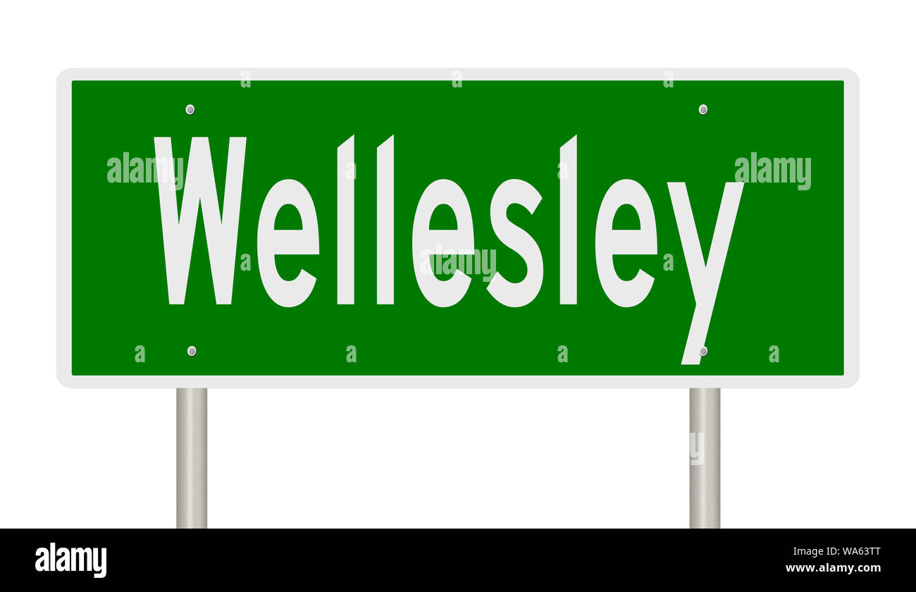 Rendering von einem grünen Hinweisschild für Wellesley Massachusetts Stockfoto