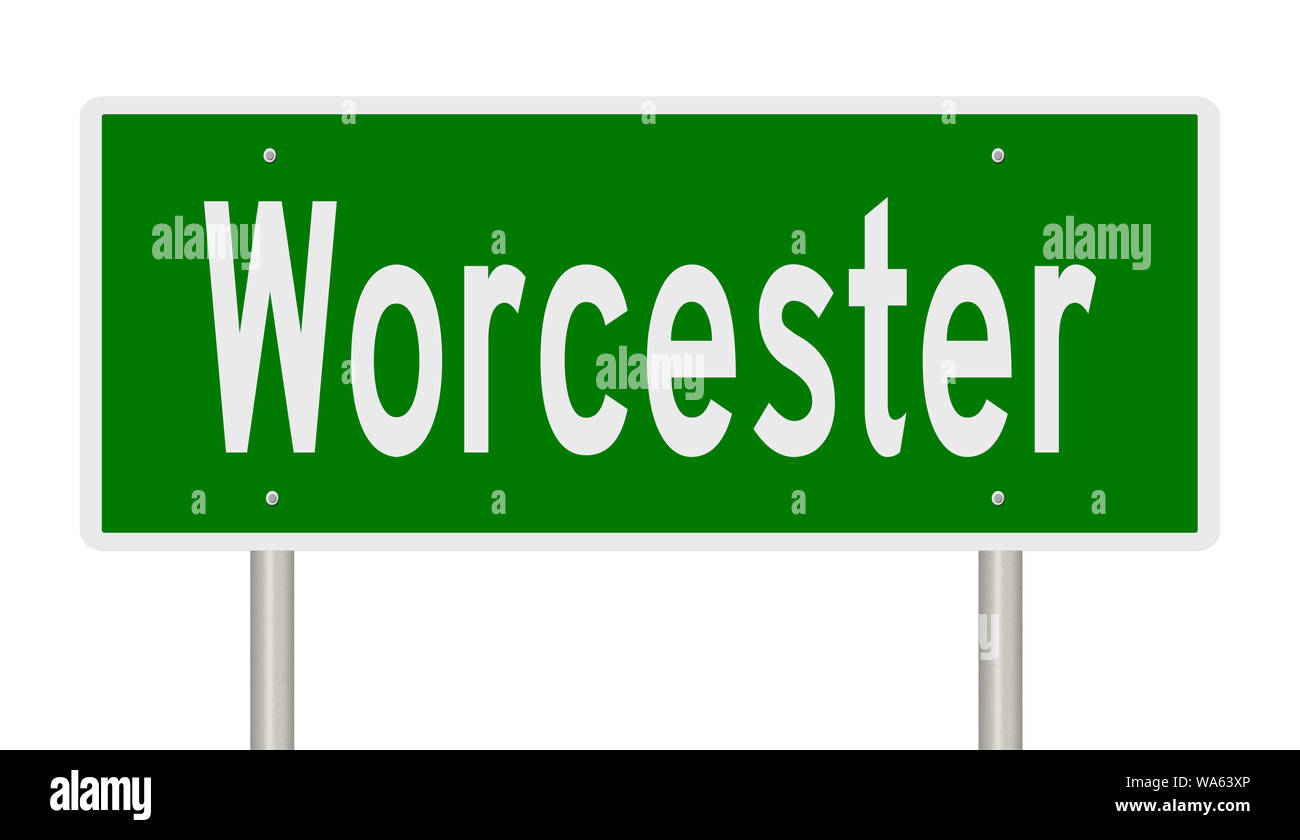 Rendering von einem grünen Hinweisschild für Worcester, Massachusetts Stockfoto