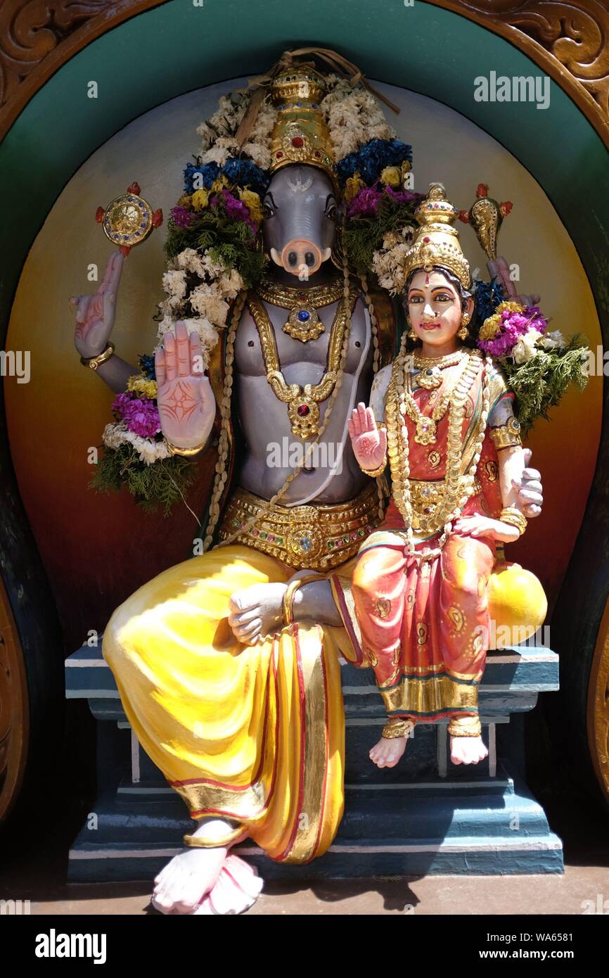 Statue von Lord Varaha, Hindu Wildschwein Gott in Sri Veeramakaliamman Tempel, Little India, Singapur Stockfoto