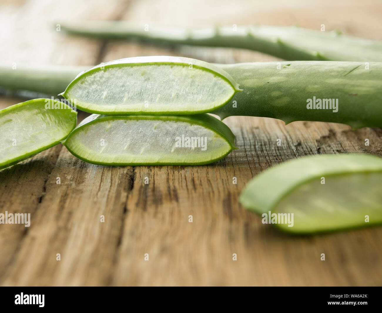 Aloe vera, die Stücke auf einem Holztisch. Soft Focus Stockfoto