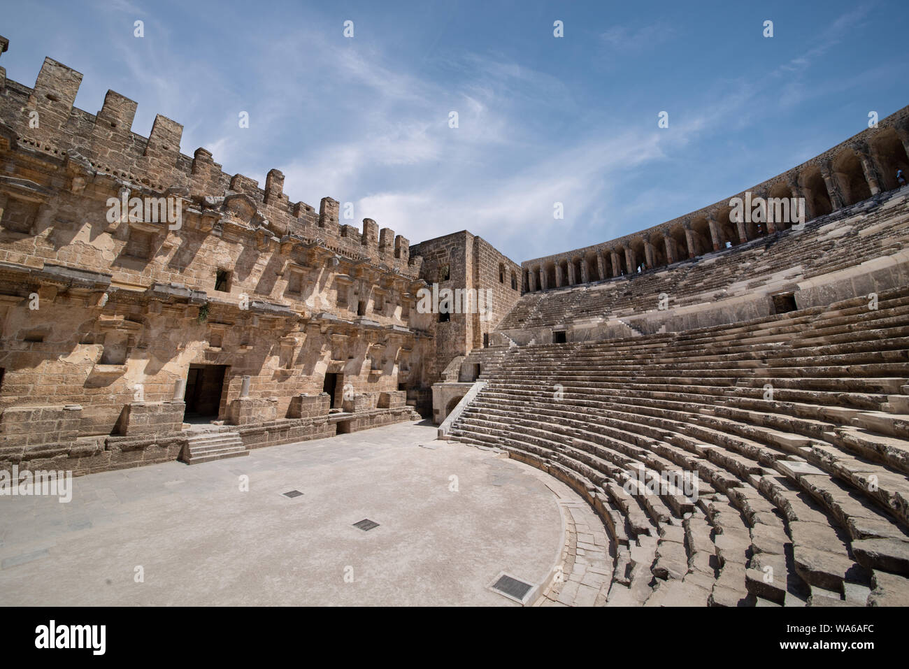 Antike römische Amphitheater von Aspendos in der Nähe von Antalya. Historische Ziele Konzept Stockfoto
