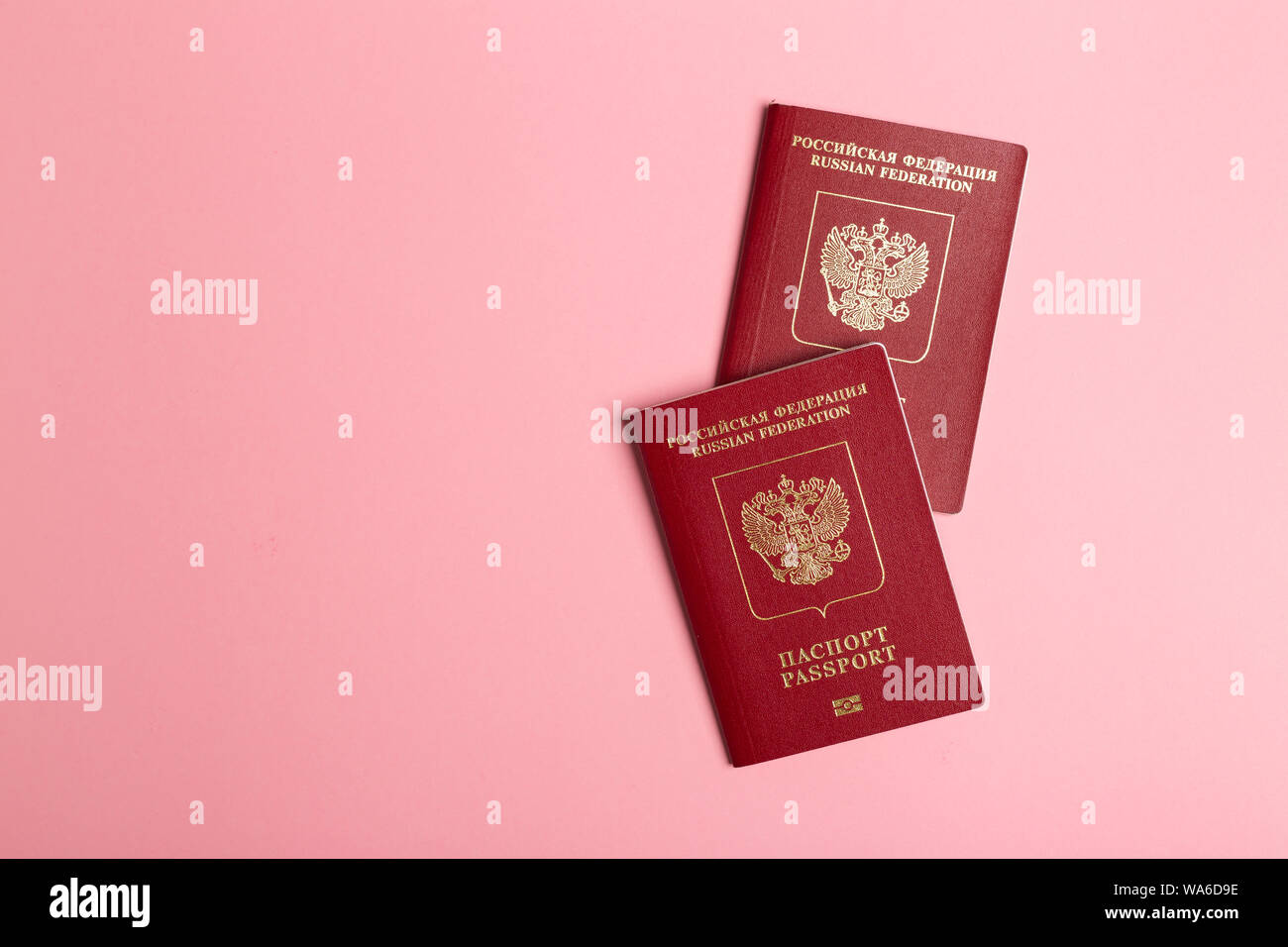 Zwei russische Pässe auf rosa Hintergrund. Reisen oder Migration Konzept. Ansicht von oben mit Kopie spce Stockfoto