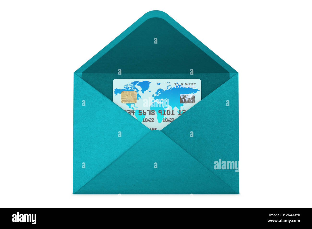 3D-Illustration: Kreditkarte mit einem elektronischen Chip ohne Angabe der Marke und die Namen der Banken mit Weltkarte blau-blaue Farbe. Stockfoto