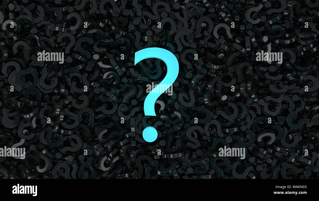 3D-Illustration: Eine leuchtende blaue Fragezeichen liegt auf schwarz glänzend Fragen mit einer reflektierenden Oberfläche. Zusammenfassung Hintergrund. Business Konzept Stockfoto