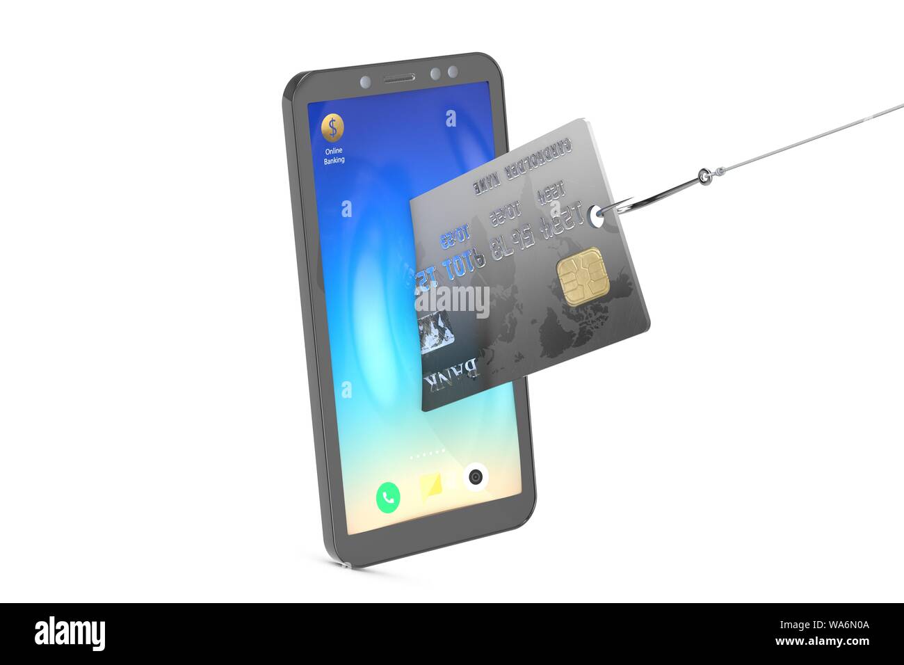 3D-Illustration: Diebstahl von Kreditkarten von einem Mobiltelefon über einen Haken. Metapher. Die Sicherheit der persönlichen Informationen, Datenschutz. Sicherheit Stockfoto