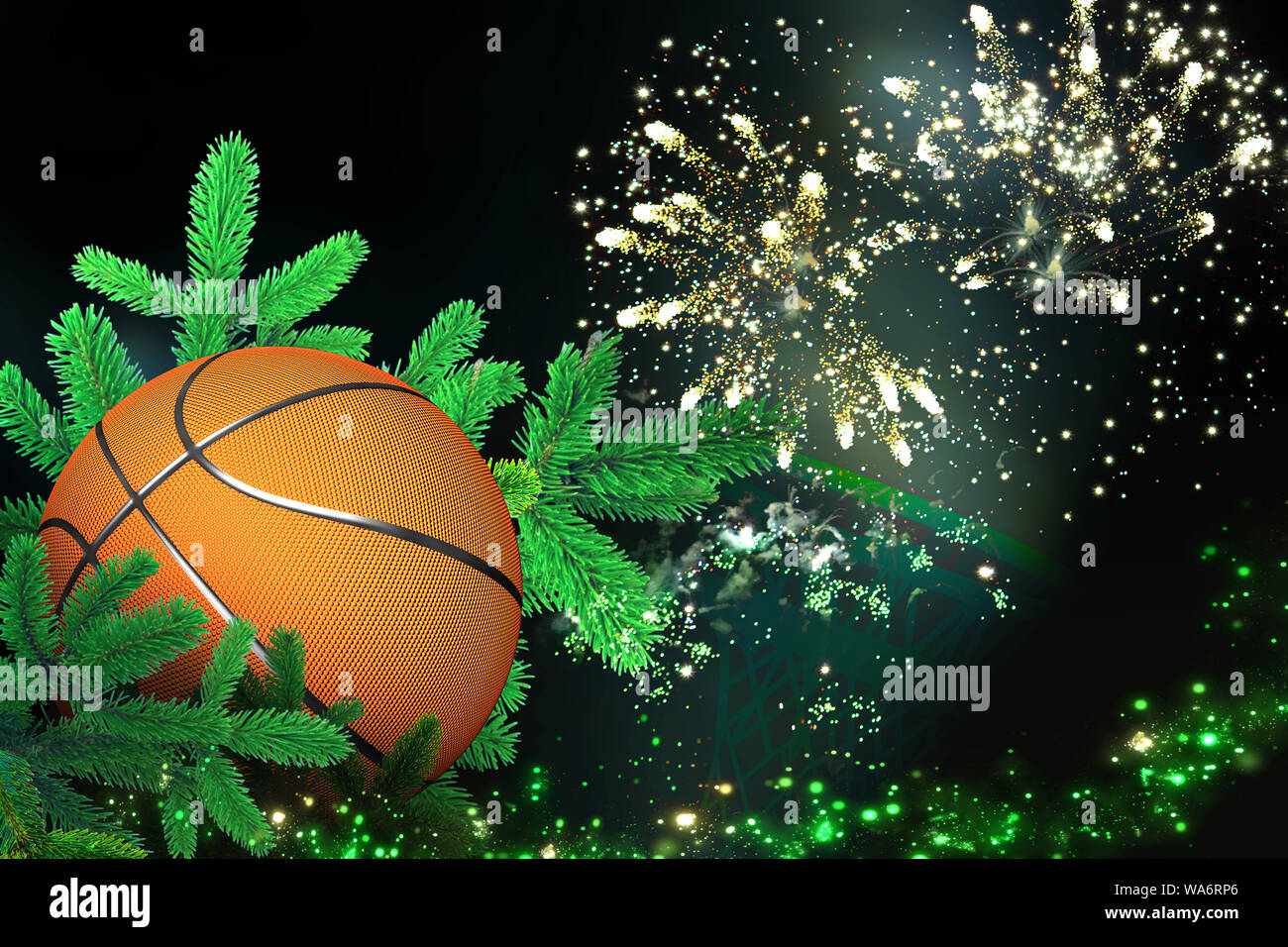 Basketball, festliche Weihnachtsdekoration mit Feuerwerk für Weihnachten und Neujahr Stockfoto