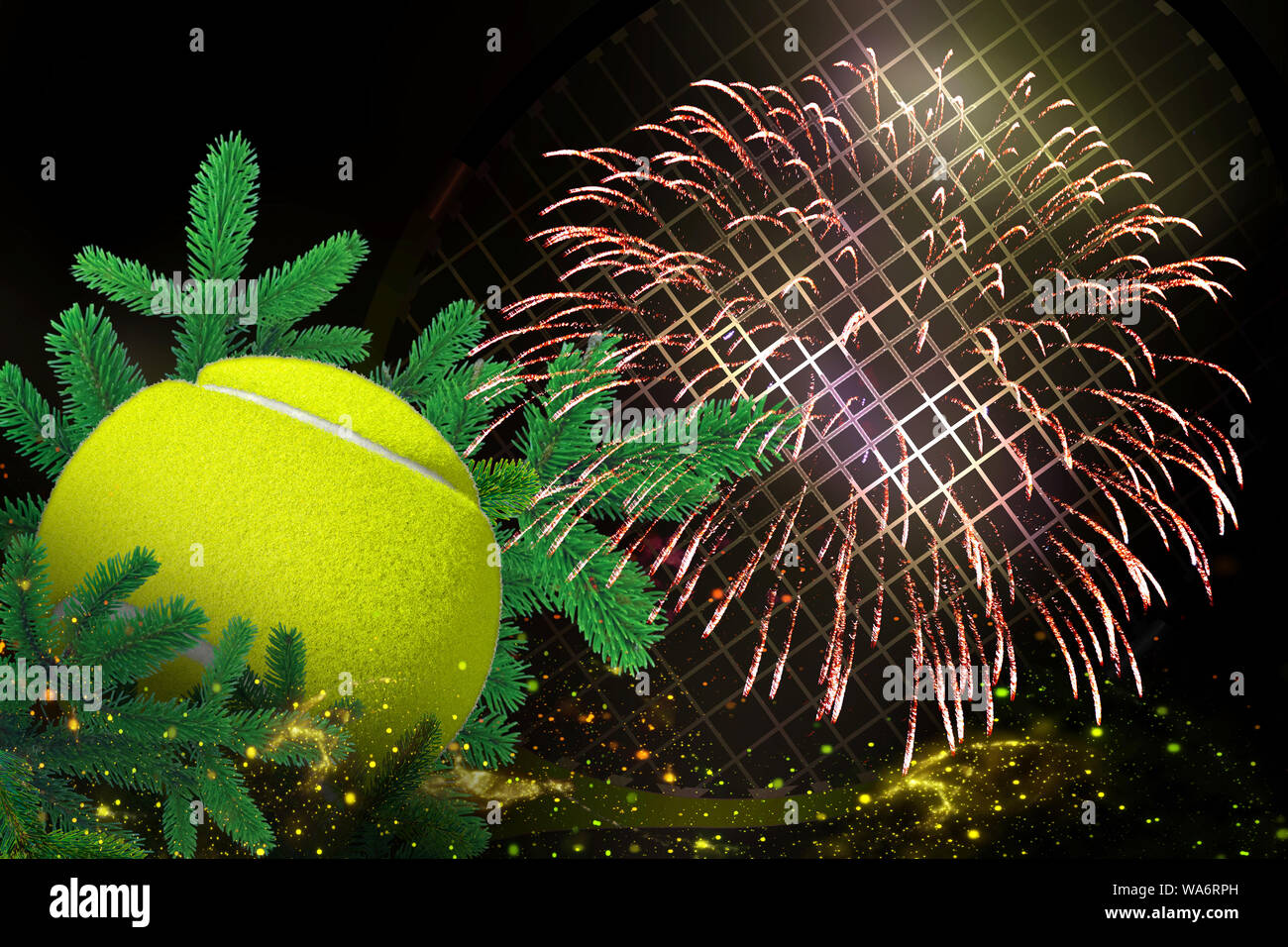 Tennis ball, festliche Weihnachtsdekoration mit Feuerwerk für Weihnachten und Neujahr Stockfoto