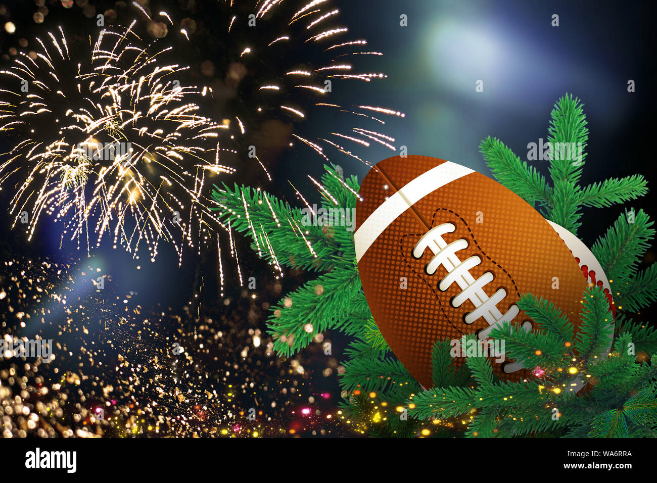 Rugby Ball, festliche Weihnachtsdekoration mit Feuerwerk für Weihnachten und Neujahr Stockfoto