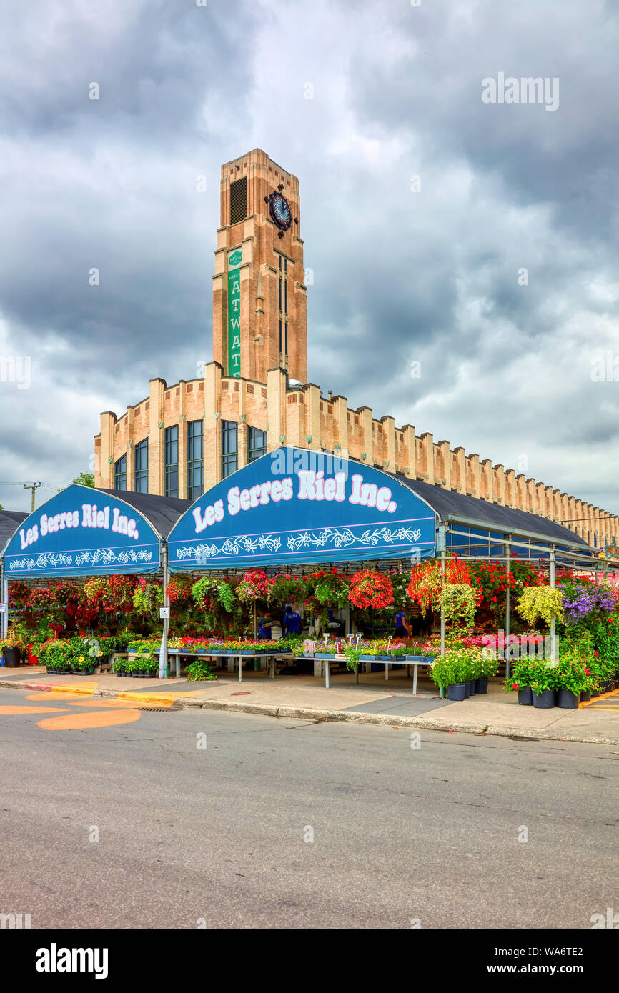 Außenansicht von Atwater Market Gebäude und den Uhrturm mit blumenläden Um in Montreal, Quebec, Kanada. Stockfoto