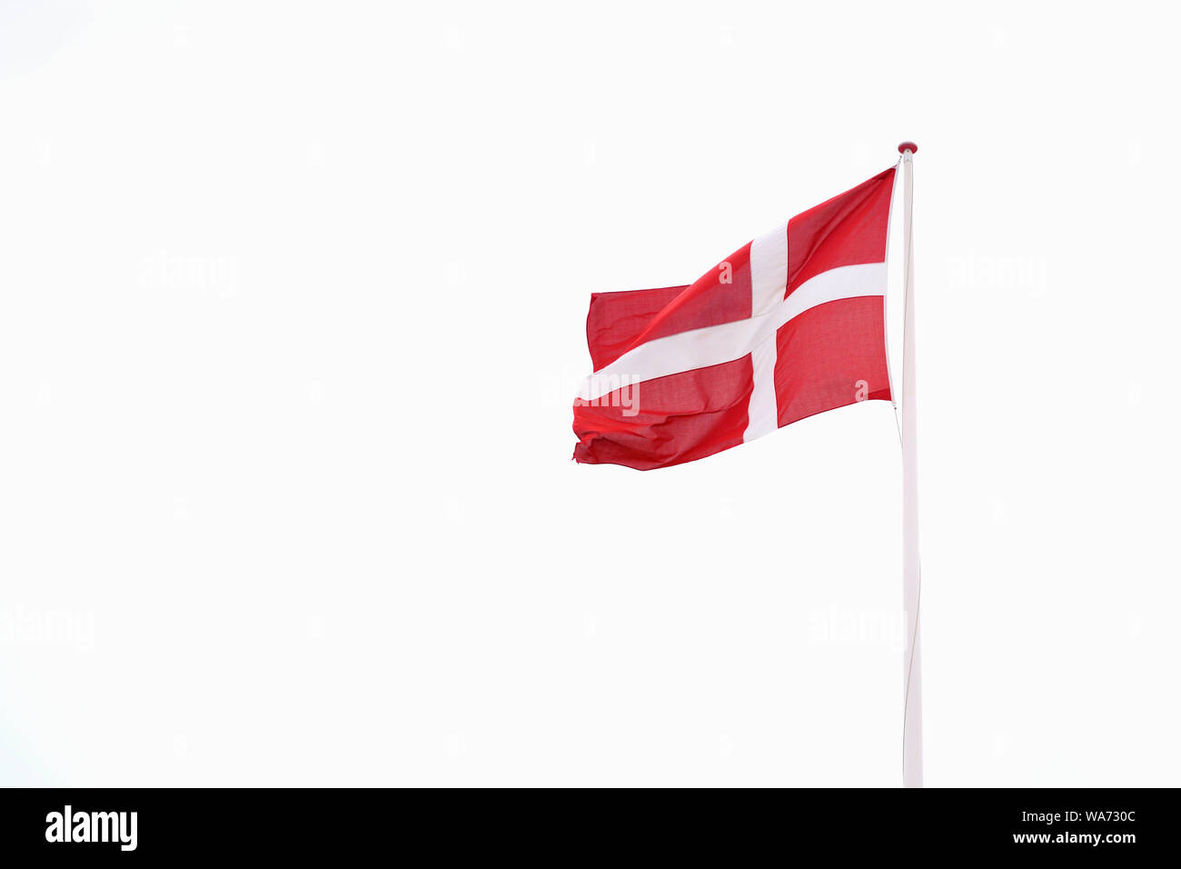 Flagge im Wind vor weißem Hintergrund. Dänische Flagge mit Kopie Raum, Konzept für Reise und Tourismus. Stockfoto