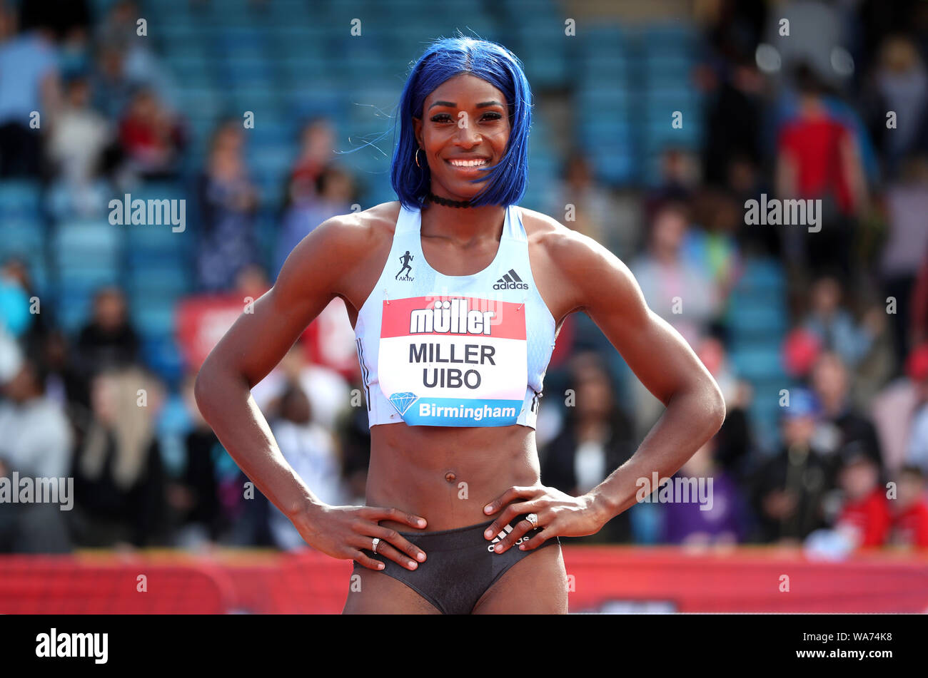 Bahamas Shaunae Miller-Uibo feiert gewinnen 200 m der Frauen Finale während der Muller Grand Prix Birmingham im Alexander Stadium, Birmingham. Stockfoto