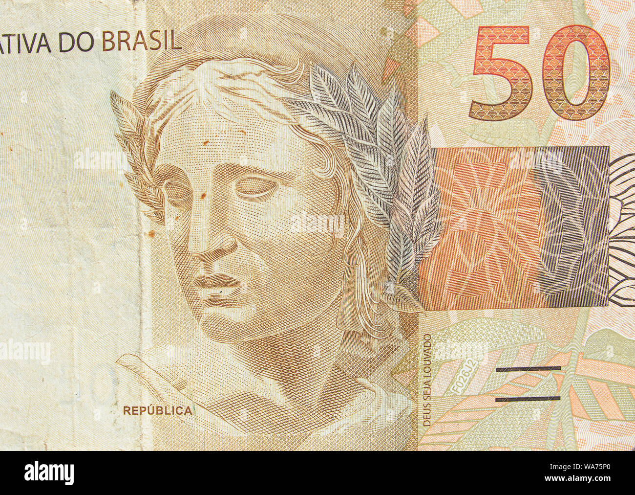 Brasilianische 50 echten Banknote. Braun Hinweis, 50 Reais brl. Brasilianische Geld, echten Hinweis. Makro Foto. Stockfoto