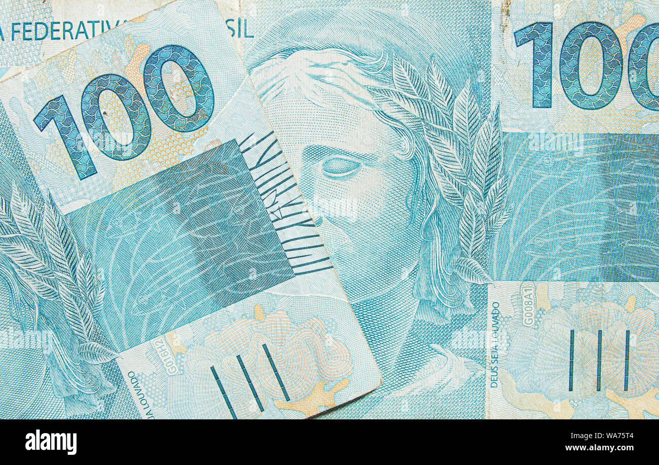 Brasilianischen Real Banknoten Hintergrund. 100 Reais brl. Brasilianische Geld, echten Noten. Makro Foto. Stockfoto