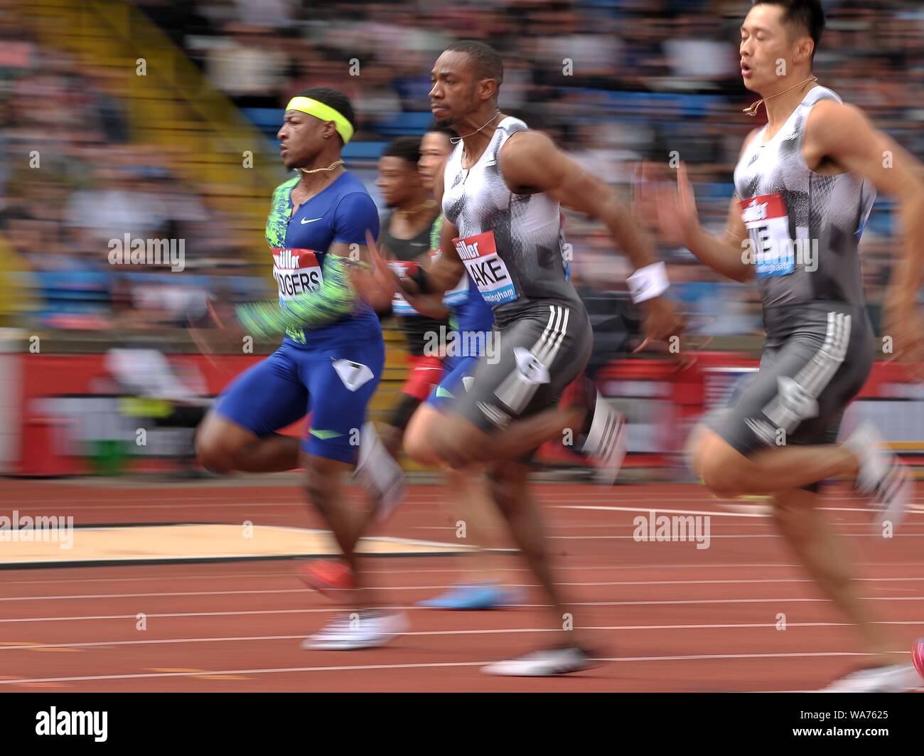 Birmingham. UK.. 18. August 2019. (L und R) Michael Rodgers (USA), Yohan Blake (Jam) und Zhenye Xie (CHN) in der mens 100 m. Aktion verwischen. Muller Grand Prix. IAAF Diamond League Athletik. Alexander Stadium. Birmingham. UK. Credit: Sport in Bildern/Alamy leben Nachrichten Stockfoto