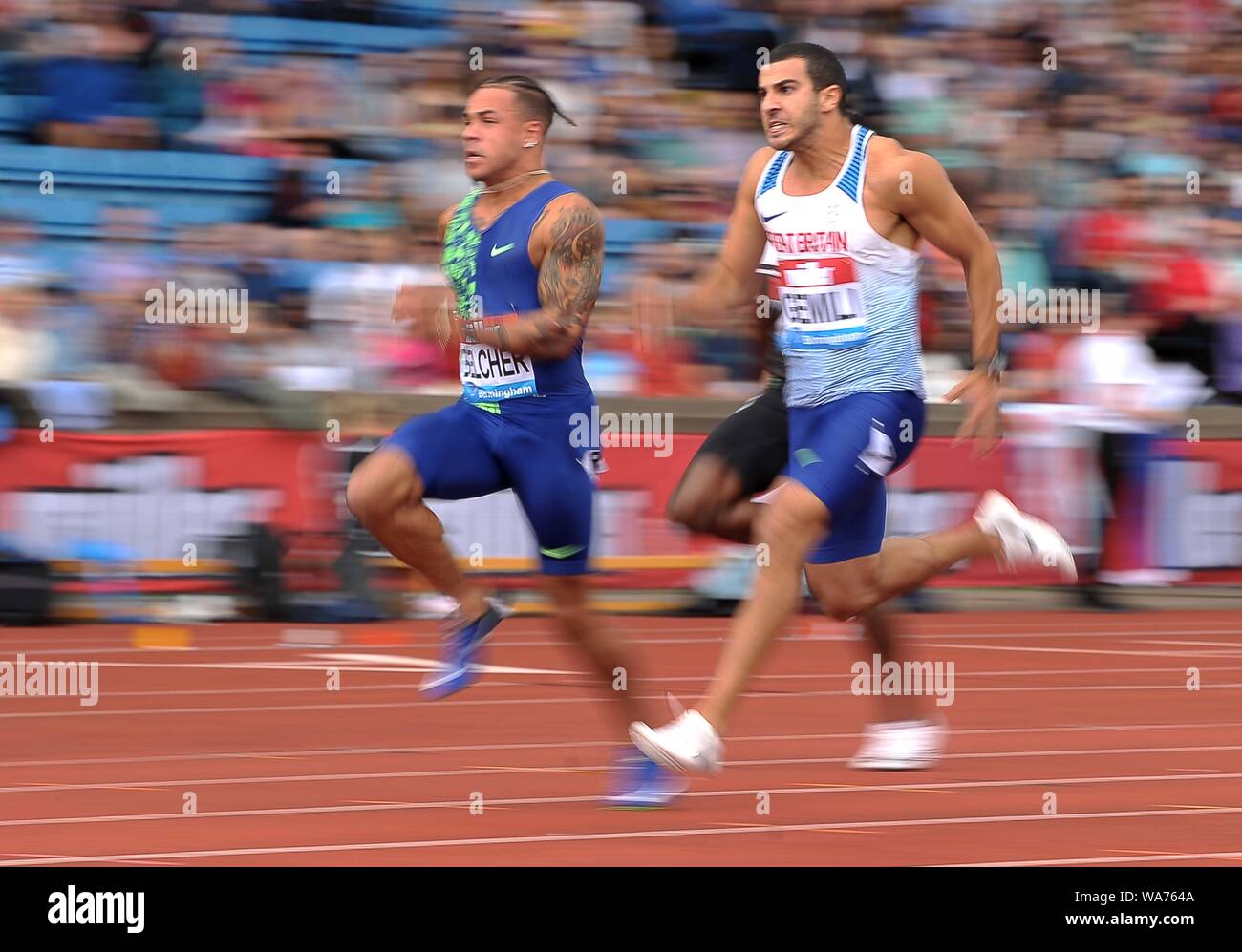 Birmingham. UK.. 18. August 2019. (L und R) Christopher Belcher (USA) und Adam Gemili (GBR) in der mens 100 m. Aktion verwischen. Muller Grand Prix. IAAF Diamond League Athletik. Alexander Stadium. Birmingham. UK. Credit: Sport in Bildern/Alamy leben Nachrichten Stockfoto