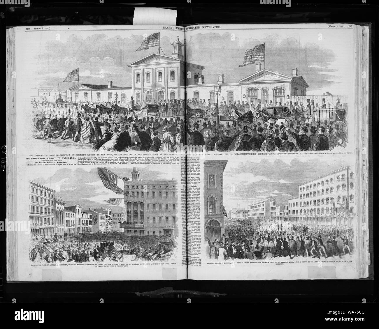 3 Abb.: 1. Die Presidential Reise - Empfang von Präsident Lincoln in New York, bei der Ankunft der Züge am Hudson River R. Depot, 30. Straße, Donnerstag, 19.02.1861; 2. Empfang von Präsident Lincoln in Cleveland, Ohio; 3. Präsident Lincoln in Buffalo, New York, präsent. Stockfoto