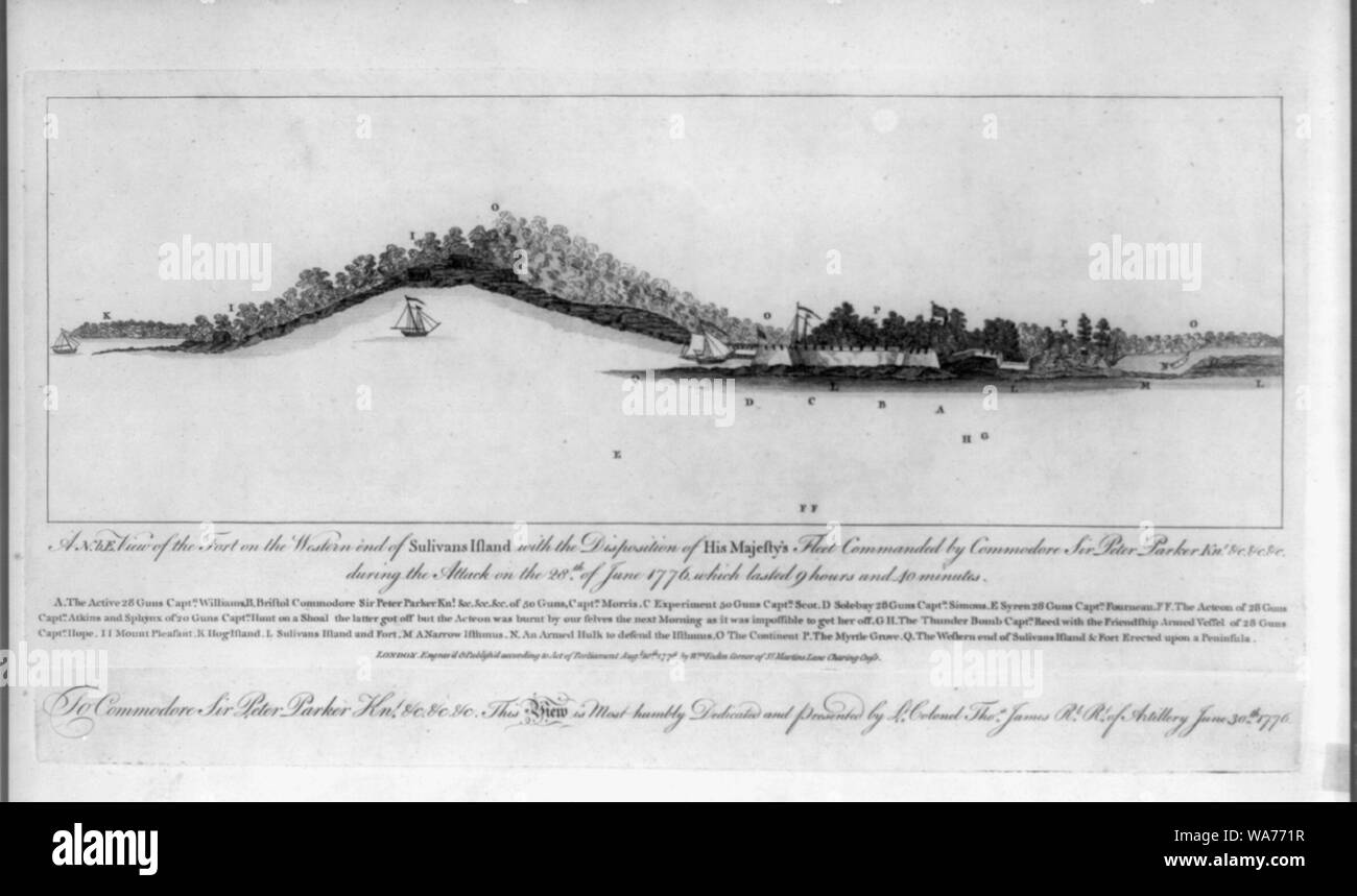 Eine N.b.E. Blick auf das Fort am westlichen Ende der Insel Sulivans mit der Disposition seiner Majestät Flotte unter dem Kommando von Commodore Sir Peter Parker Knt. & C&C&c Während der Angriff auf den 28. Juni 1776, das dauerte 9 Stunden und 40 Minuten Stockfoto