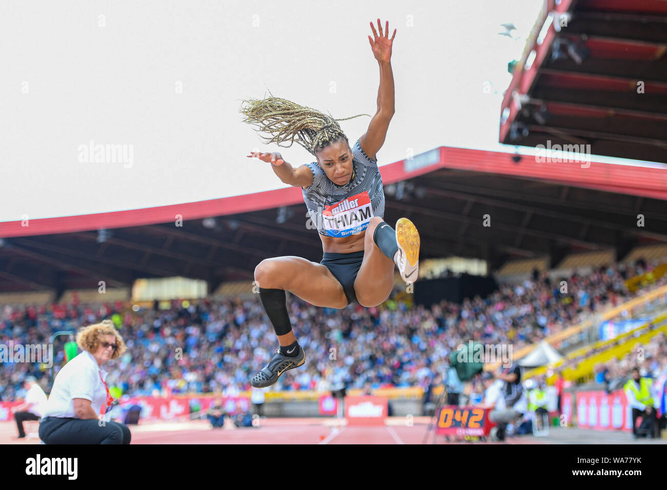 Birmingham, Großbritannien. 18. August 2019. Nafissatou Thiam in Belgien im Frauen Weitsprung während Muller Grand Prix Birmingham 2019 an Alexander Stadium am Sonntag, 18. August 2019 in Birmingham, England. Credit: Taka G Wu/Alamy leben Nachrichten Stockfoto