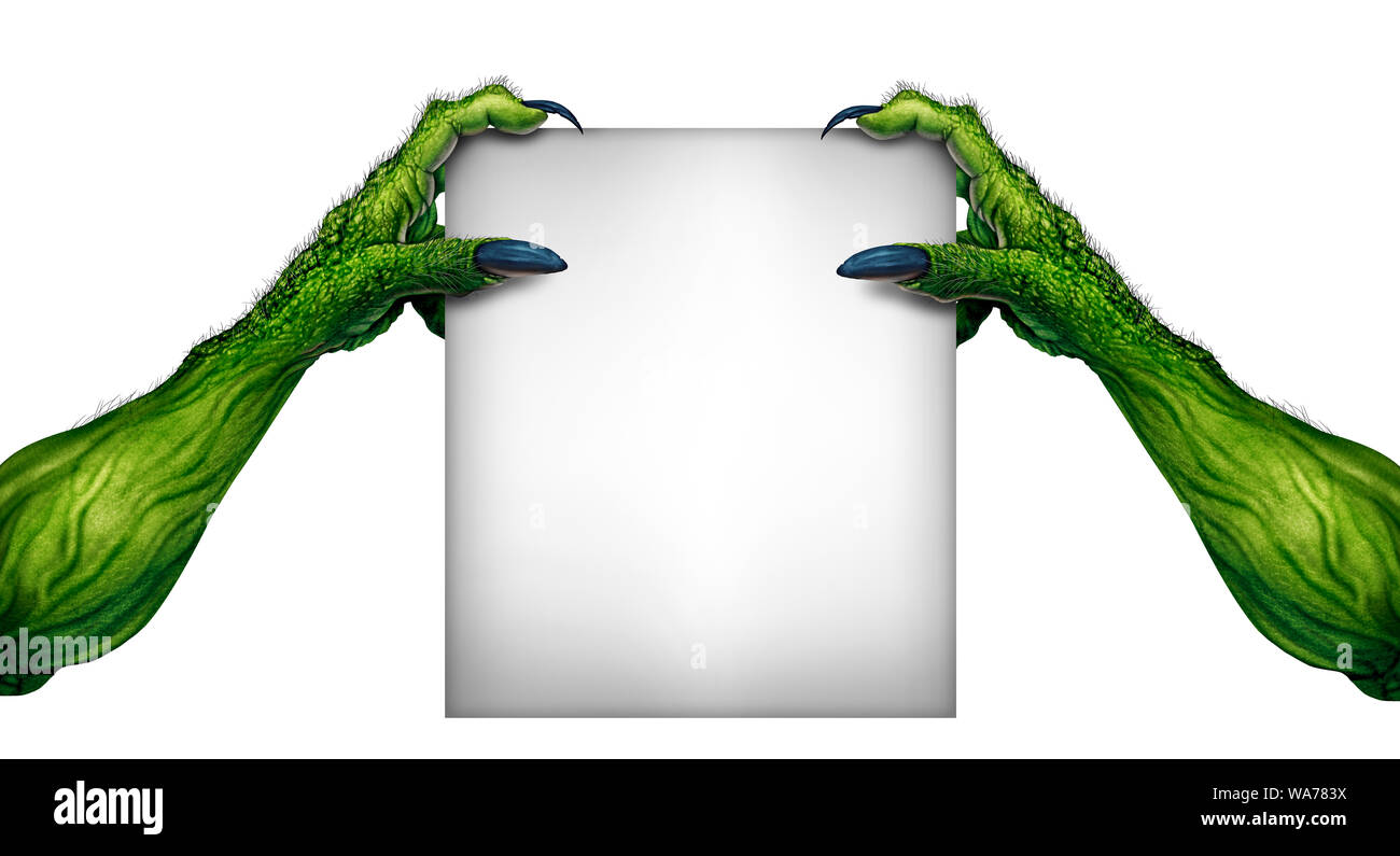 Halloween Monster leer Zeichen als Grüne zombie Hände halten ein weißes Werbe-Karte in eine 3D-Abbildung Stil. Stockfoto