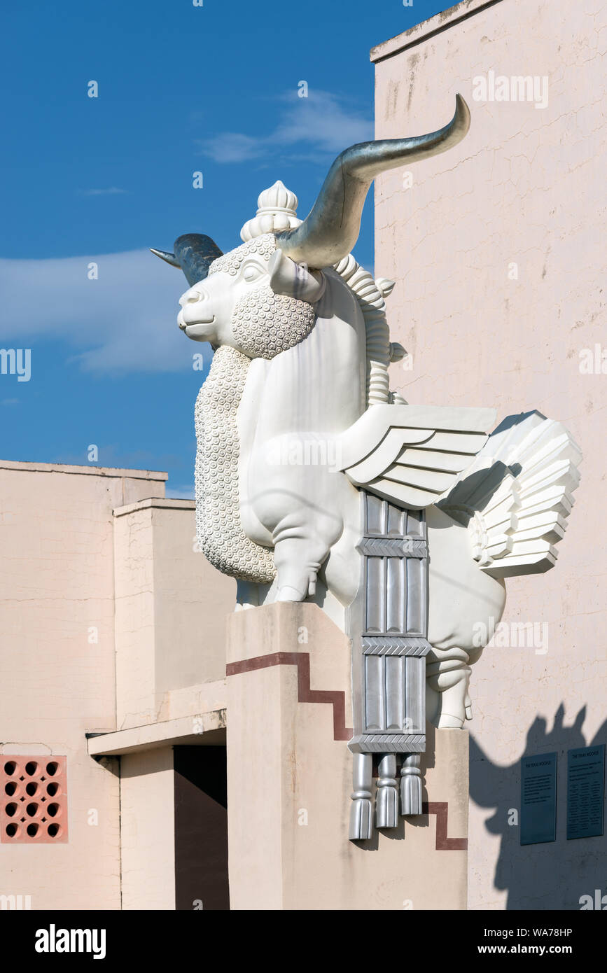 Eine erneute Erstellung der Texas Woofus, eine skurrile Figur in Fair Park in Dallas, Texas, einst von der Texas Centennial Exhibition 1936, die den Löwenanteil der Gebäude im Park produziert Stockfoto