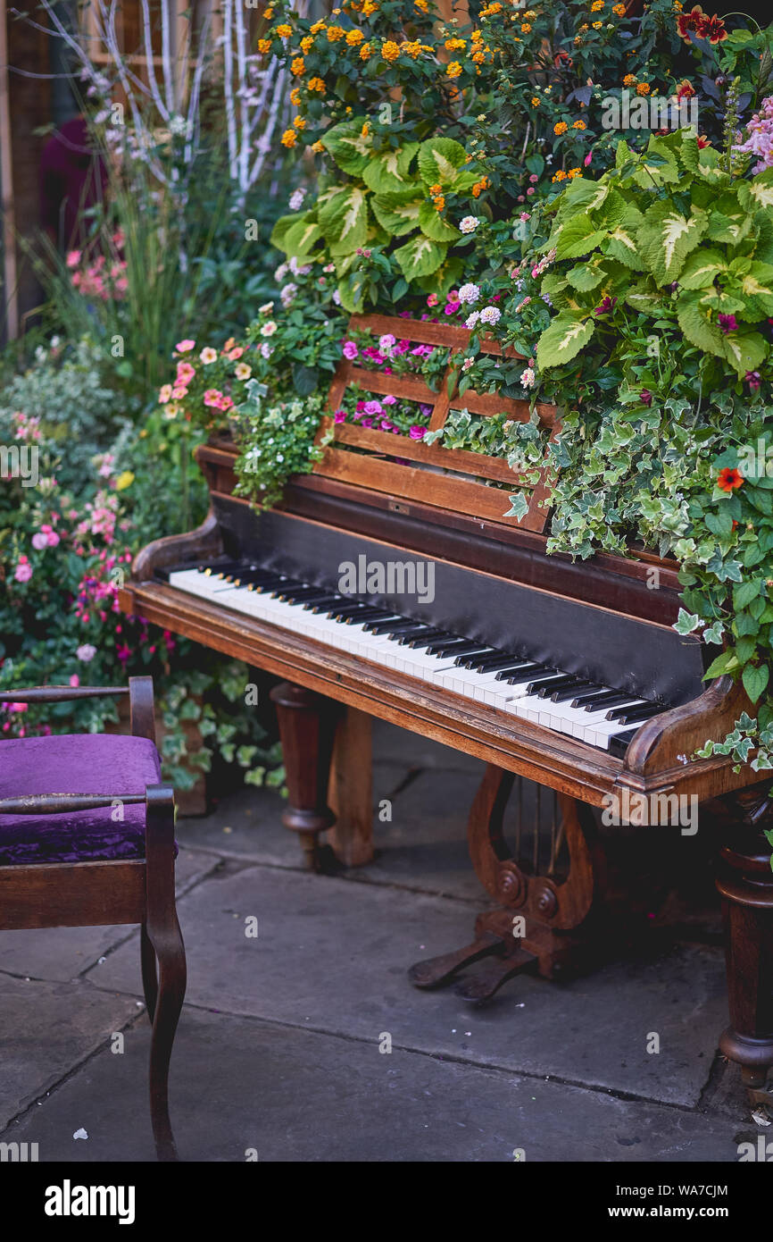 Ein Vintage Piano mit schwarzen und weißen Tasten mit Efeu und anderen Blumen dekoriert. Hochformat. Stockfoto