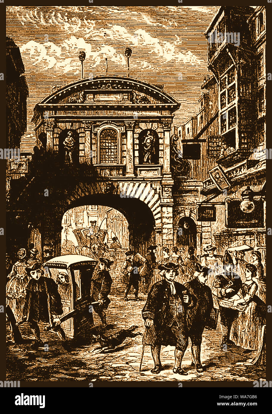 Eine typische Szene im Temple Bar Gate, die wichtigste zeremonielle Eingang der Stadt London, England im 18. Jahrhundert. das Kleid der Zeit angezeigt, eine Frau Straße Verkäufer, einem Soldaten und eine Frau mit einer Sänfte. Interessanterweise zeigt es die grausige makabren Anblick von Kriminellen abgetrennte Köpfe PFENNIGABSATZ auf Pfählen über dem Bogen. Stockfoto