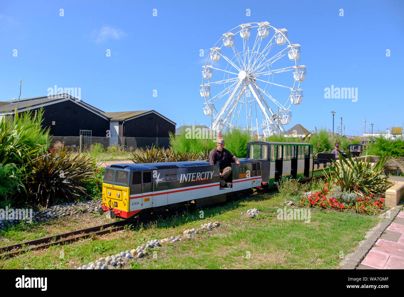 Miniatur Zug an der Küste von Hastings vorbei am Riesenrad auf der Promenade, East Sussex, Großbritannien Stockfoto