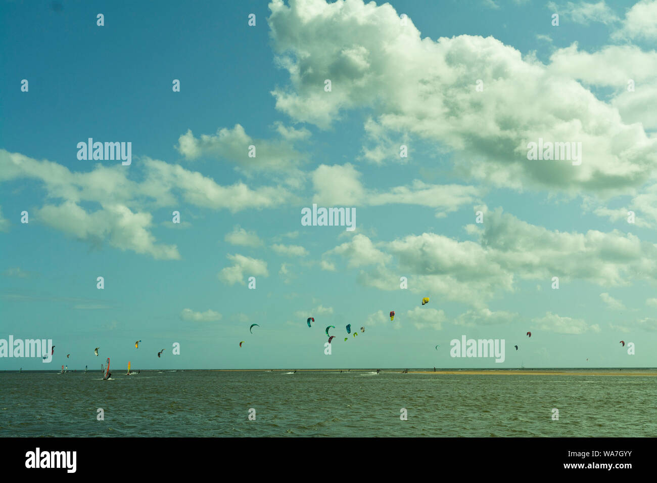 Kite Surfer füllen Sie den Horizont an einem windigen Tag in Exmouth, Devon, Großbritannien. Stockfoto