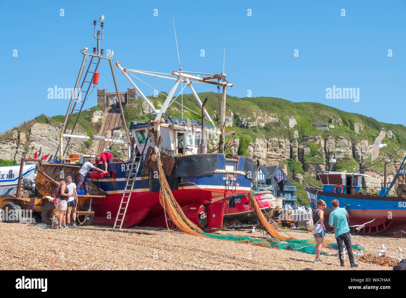 Hastings Fishing Trawler landen Fang von Fischen am Old Town Stade Fishing Boat Beach, East Sussex, Südküste, England, Vereinigtes Königreich, Fischerboote Stockfoto