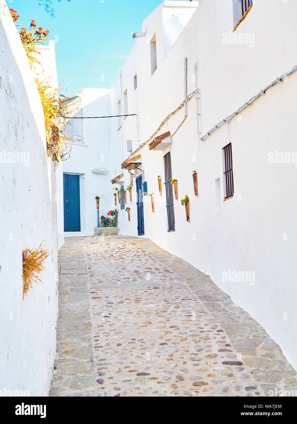 Eine typische Straße der weiß getünchten Wänden von Vejer de la Frontera Stadtzentrum. Provinz Cadiz, Andalusien, Spanien. Stockfoto