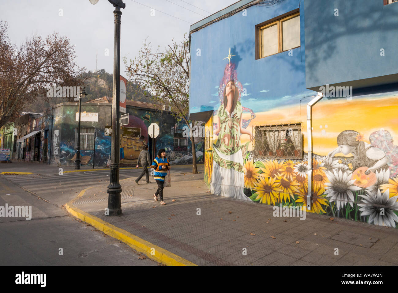 Street Scene mit mehreren Wandmalereien in Bellavista, Santiago, Chile Stockfoto