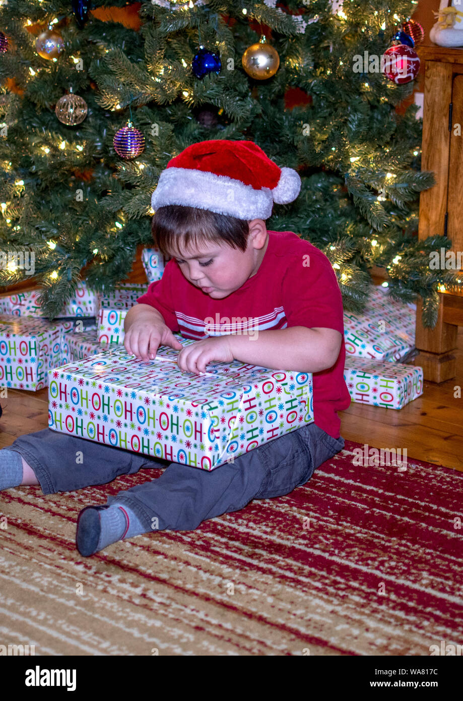 Little Boy öffnet ein Weihnachtsgeschenk, wie er von dem Weihnachtsbaum sitzt Stockfoto