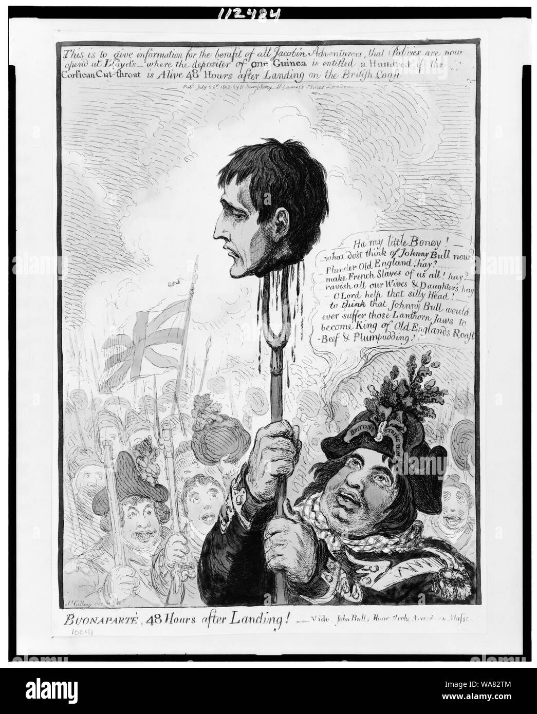 Bonaparte, 48 Stunden nach der Landung!--Vide John Bulls home - streichen, bewaffnete en masse Abstract: Kopf von Napoleon Tropfen Blut, hoch auf einem pitch Gabel gehalten von einem Britischen freiwilliger Soldat, John Bull. Andere freiwillige sammeln sich um. Stockfoto