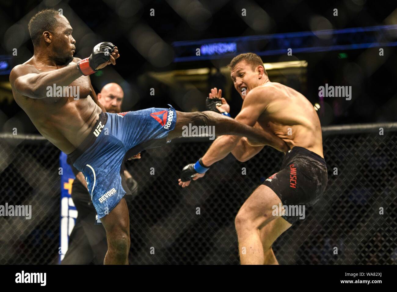 August 17, 2019, Anaheim, Kalifornien, USA: DEREK BRUNSON (29-28, 29-28, 29-28) DEF IAN HEINISCH DURCH EINSTIMMIGEN BESCHLUSS bei UFC 241 Am 17. August 2019. (Bild: © Dalton Hamm/ZUMA Draht) Stockfoto