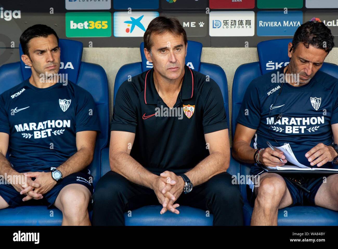 Barcelona, Spanien. 18 Aug, 2019. Julen Lopetegui, Trainer von Sevilla, während der La Liga Match zwischen RCD Espanyol und Sevilla CF RCDE Stadion in Barcelona, Spanien. Credit: Christian Bertrand/Alamy leben Nachrichten Stockfoto