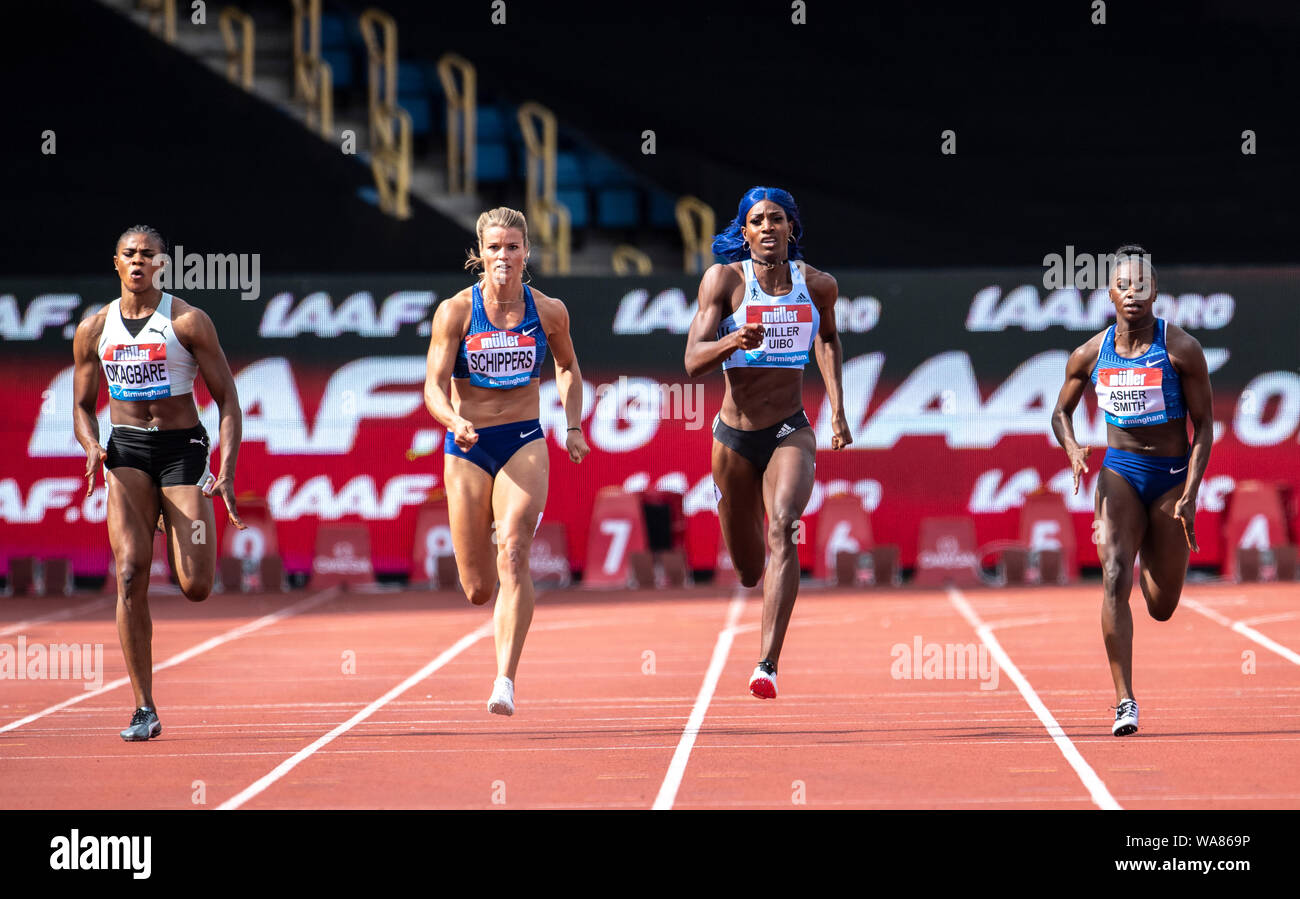 BIRMINGHAM, ENGLAND - 18. August: Blessing Okagbare (NGR) Dafne Schippers (NED) Shaunae Miller-Uibo (BAH) Dina Asher-Smith (GBR) konkurrieren in der 200m während der Muller Birmingham Grand Prix & IAAF Diamond League event bei Alexander Stadium am August 18, 2019 in Birmingham, England. Gary Mitchell/Alamy leben Nachrichten Stockfoto