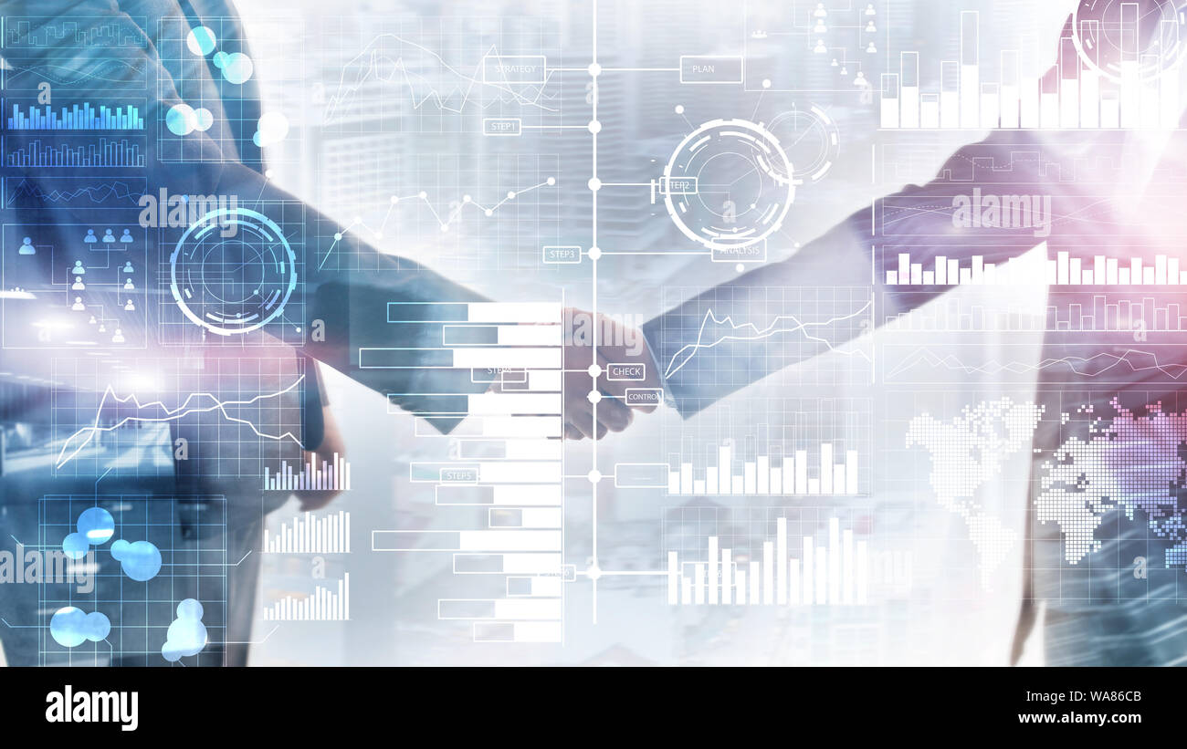 Double Exposure mixed Media. Geschäftsleute Handshake Stockfoto