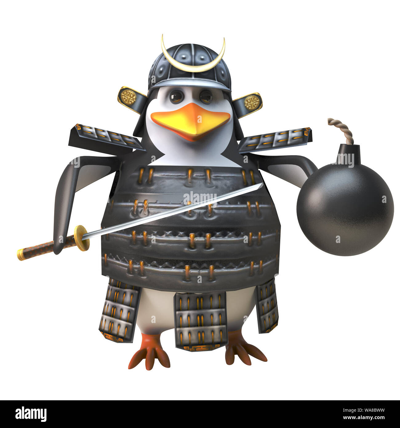 3d Funny Cartoon penguin Samurai Warrior Charakter Holding ein Schwert und Schiesspulver Bombe, 3d-Grafik rendern Stockfoto