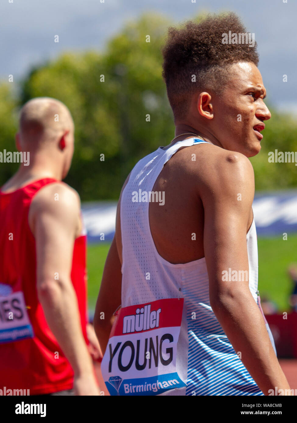 Thomas Young von Großbritannien nach dem Gewinn der Herren T 35 / 38 100 Meter, während der Birmingham 2019 Müller Grand Prix, am Alexander Stadium, Birmingham. Stockfoto