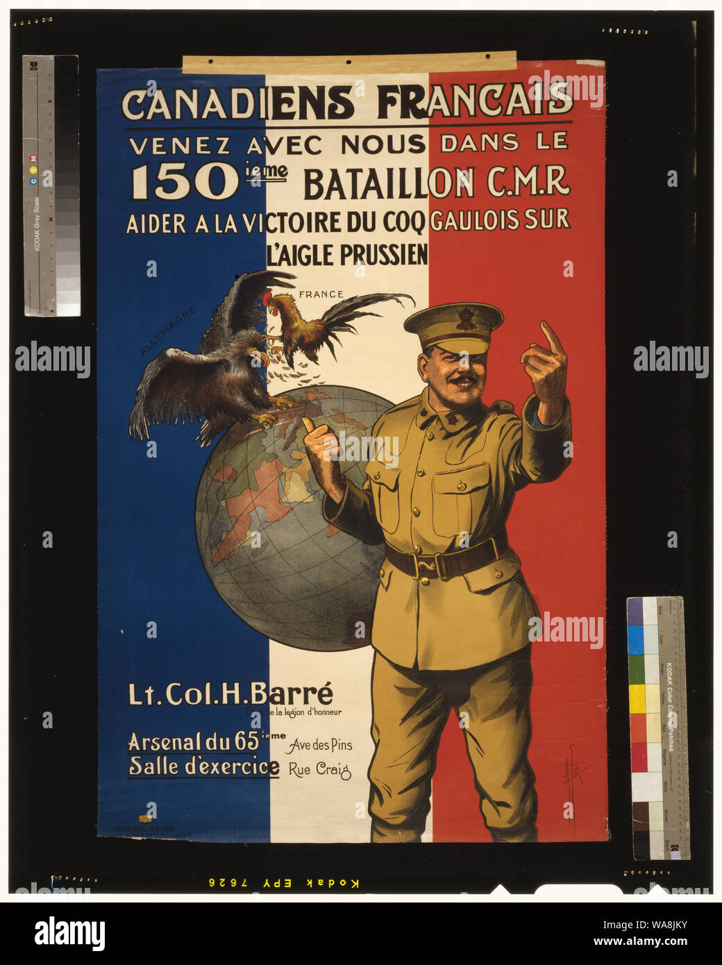 Canadiens Francais. Venez avec Nous Dans le 150 ieme Bataillon C.M.R. Aider à la Victoire du Coq Gaulois sur l'aigle Prussien/AGR [Monogramm]. Stockfoto