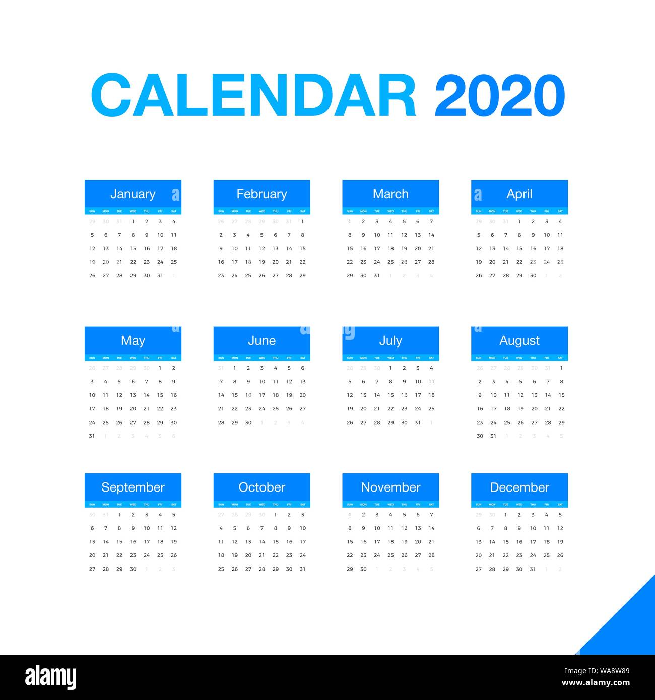 Minimalistischer Schreibtisch Kalender 2020 Jahr. Design von Kalender mit englischen Namen der Monate und Wochen. Vector Illustration isoliert auf weißem backgroun Stock Vektor