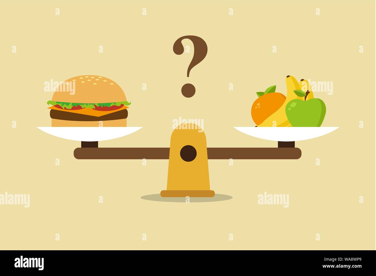 Obst und Hamburger auf Skalen. Ernährung und gesundes Essen. Vector Illustration Stock Vektor