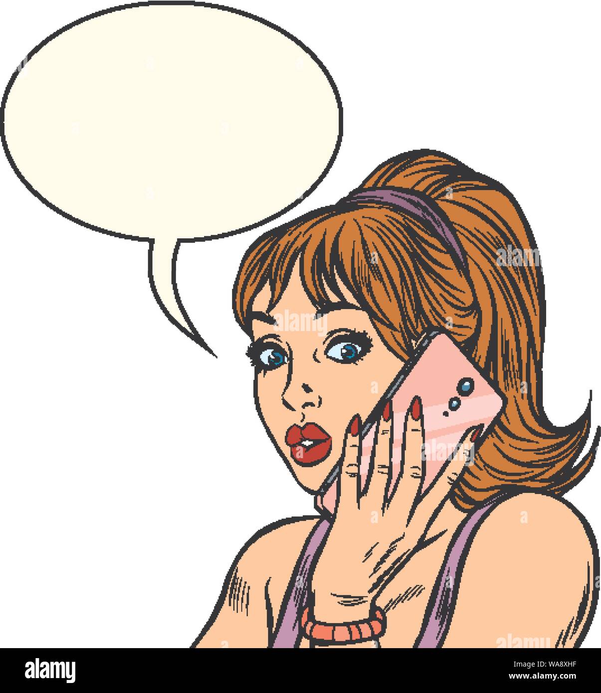 Ernsthafte Frau am Telefon zu sprechen. auf weißem Hintergrund isolieren. Pop Art retro Vektor illustration Zeichnung Stock Vektor