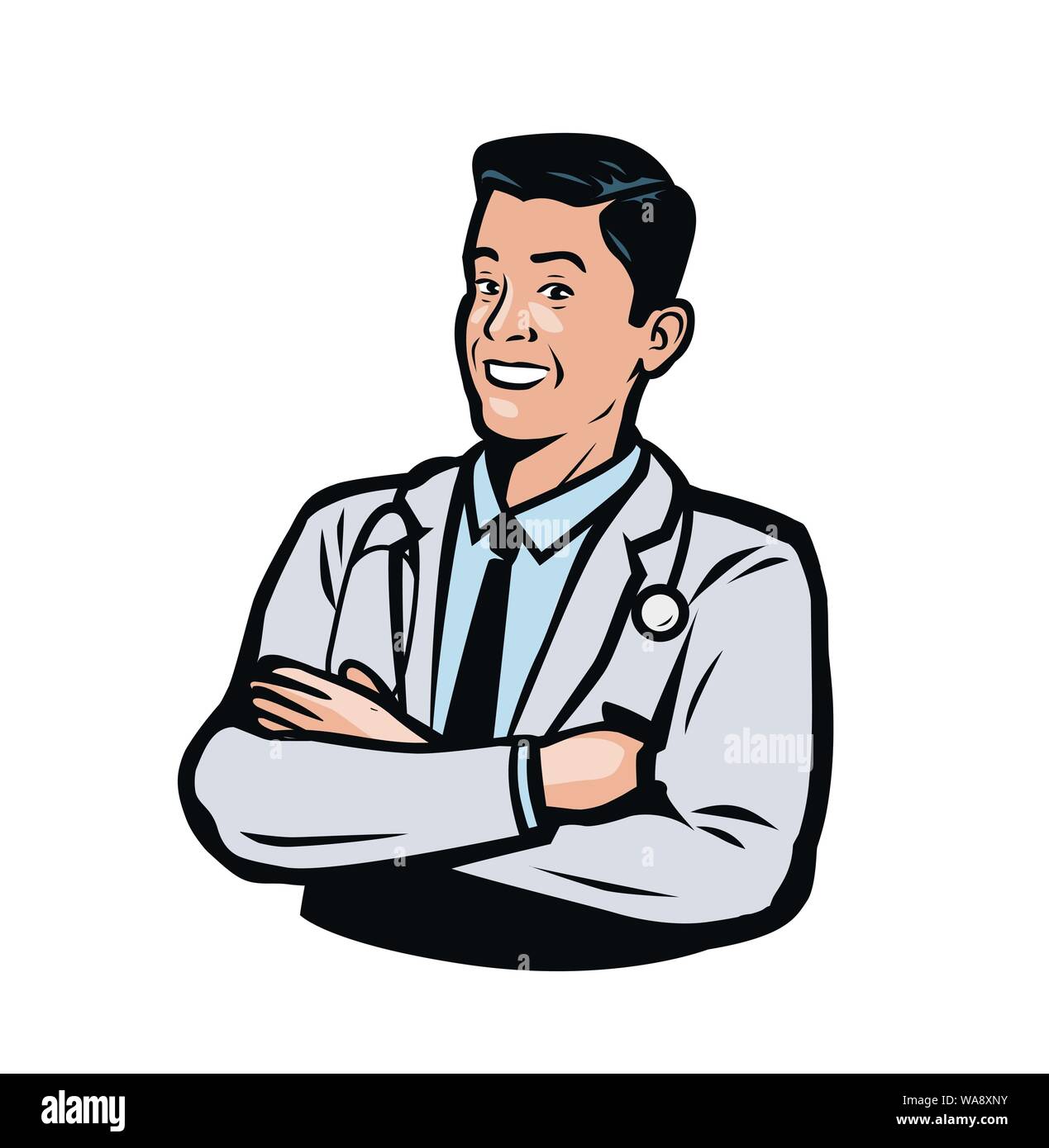 Selbstbewusster männlicher Arzt. Medizin, Krankenhaus-Logo oder Emblem. Vektorgrafik Stock Vektor